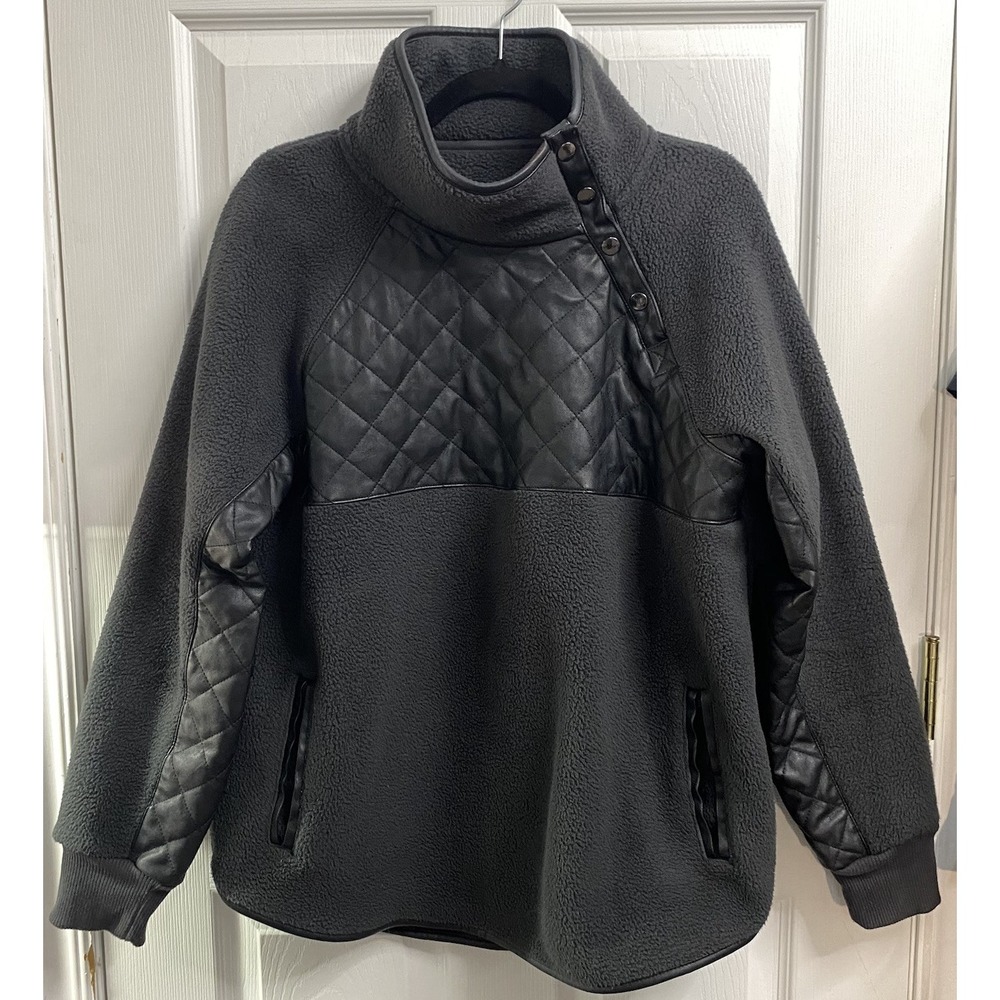 Abercrombie & Fitch Women Black Y2K Asymmetric Snap Fleece Jacket Quilted Coat L